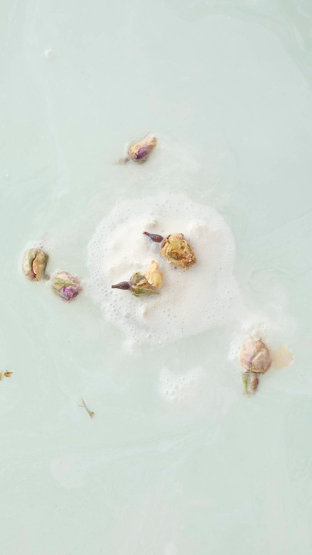 An aerial view of several dried rosebuds floating in milky, pale bathwater. In the centre, a cluster of rosebuds is surrounded by a small, frothy patch of white bubbles as the Tisty Tosty bath bomb dissolves.