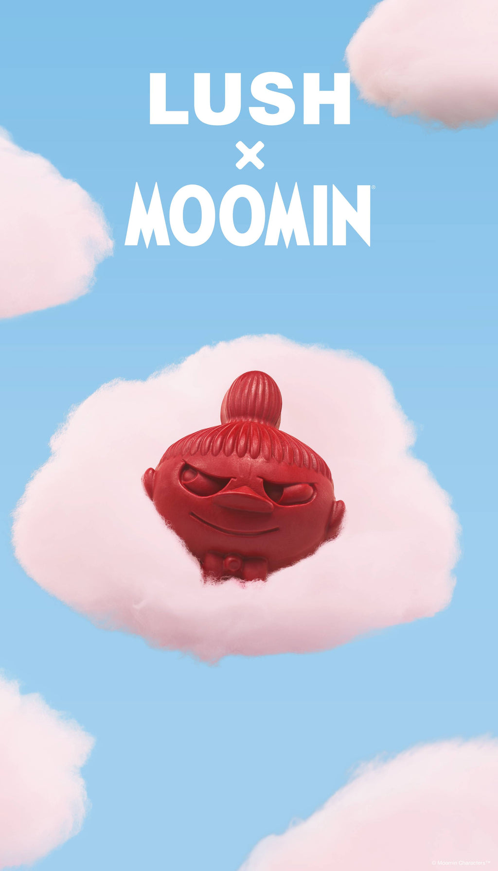 A promotional graphic featuring a dark red Little My-shaped soap resting on a fluffy pink cloud. The sky-blue background is filled with scattered pink clouds below bold white text reading "LUSH x MOOMIN".