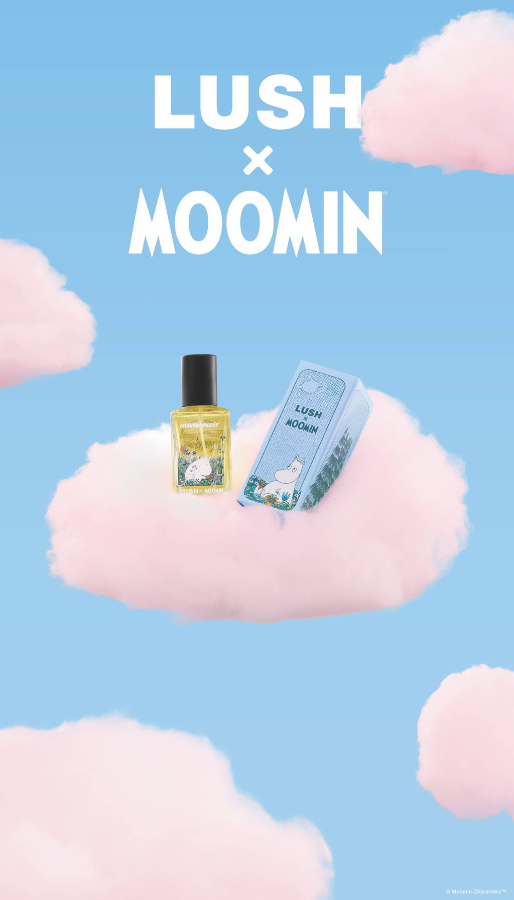 A promotional graphic featuring a Lush x Moomin perfume bottle and its light blue packaging box resting on a fluffy pink cloud. The sky-blue background is filled with scattered pink clouds below white text reading "LUSH x MOOMIN".
