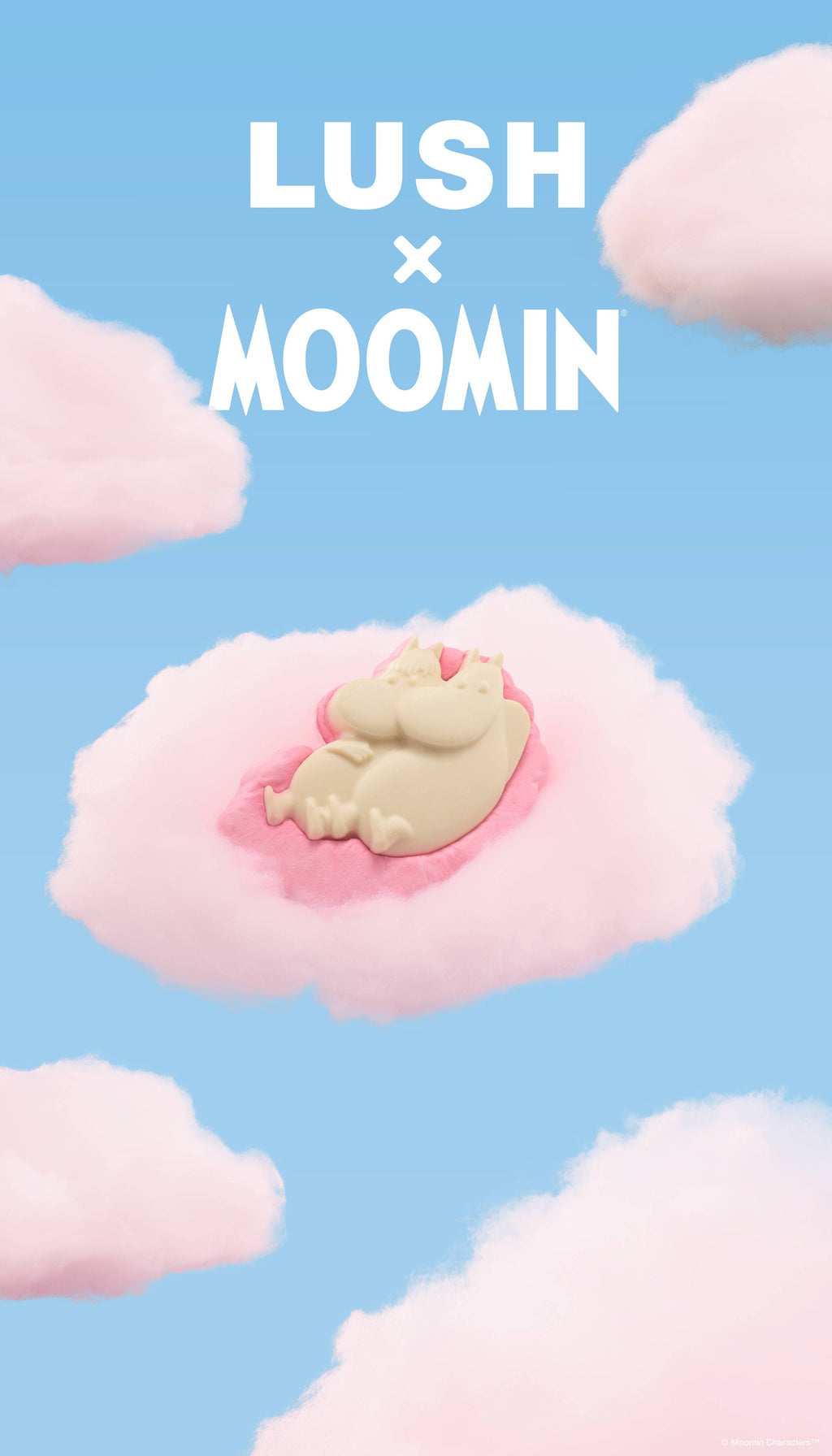 A promotional graphic featuring a pink and cream "Moomin Delight" soap and body wash resting on a fluffy pink cloud. The sky-blue background is filled with scattered pink clouds below bold white text reading "LUSH x MOOMIN".