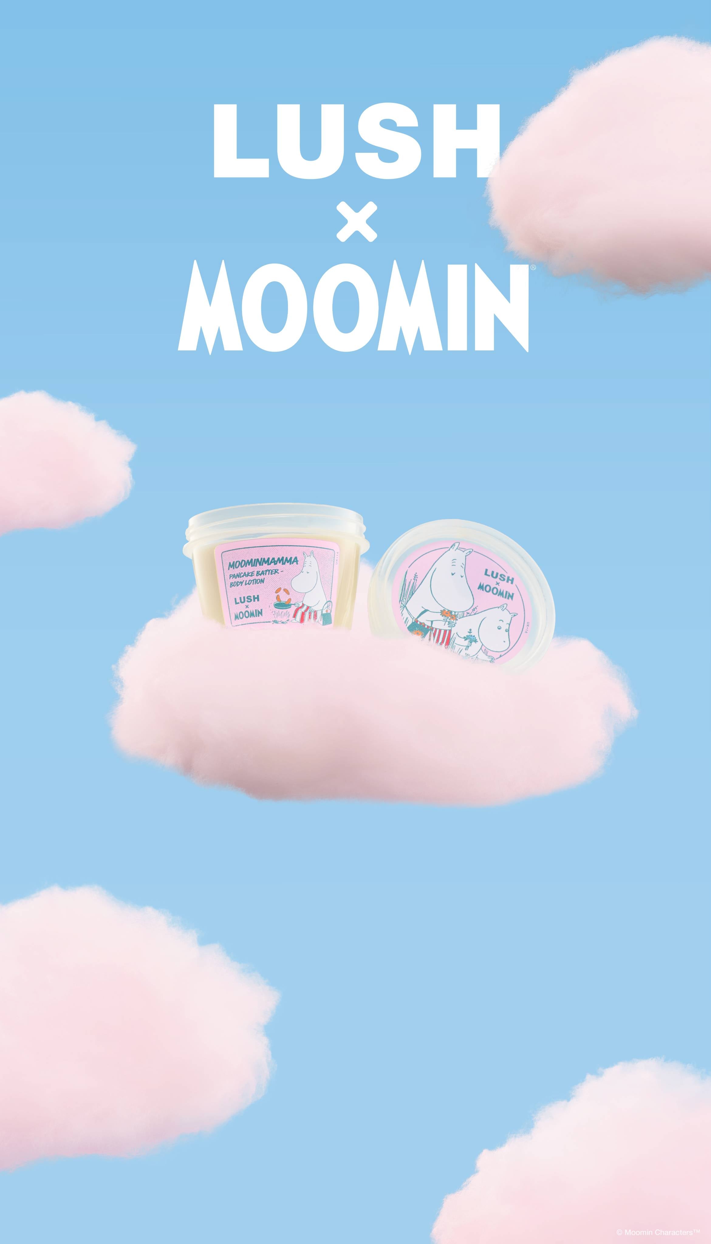A promotional graphic featuring a clear tub of Moominmamma body lotion and its lid resting on a fluffy pink cloud. The sky-blue background is filled with scattered pink clouds below bold white text reading "LUSH x MOOMIN".