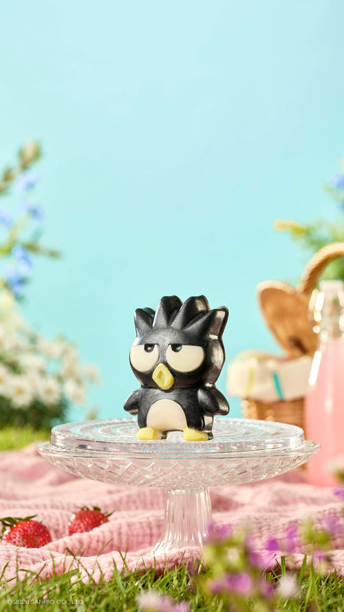 A black penguin-shaped soap with a grumpy expression sits on a glass cake stand. The sunny picnic setting features a pink blanket, strawberries, and a wicker basket against a soft blue sky. © 2026 SANRIO CO., LTD. appears at the bottom.