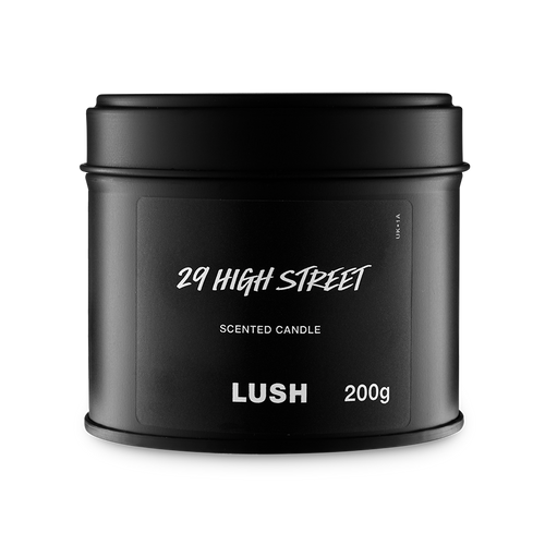 29 High Street. A round, black, candle tin with a removable lid. The black label on the front reads "29 High Street" in white text.