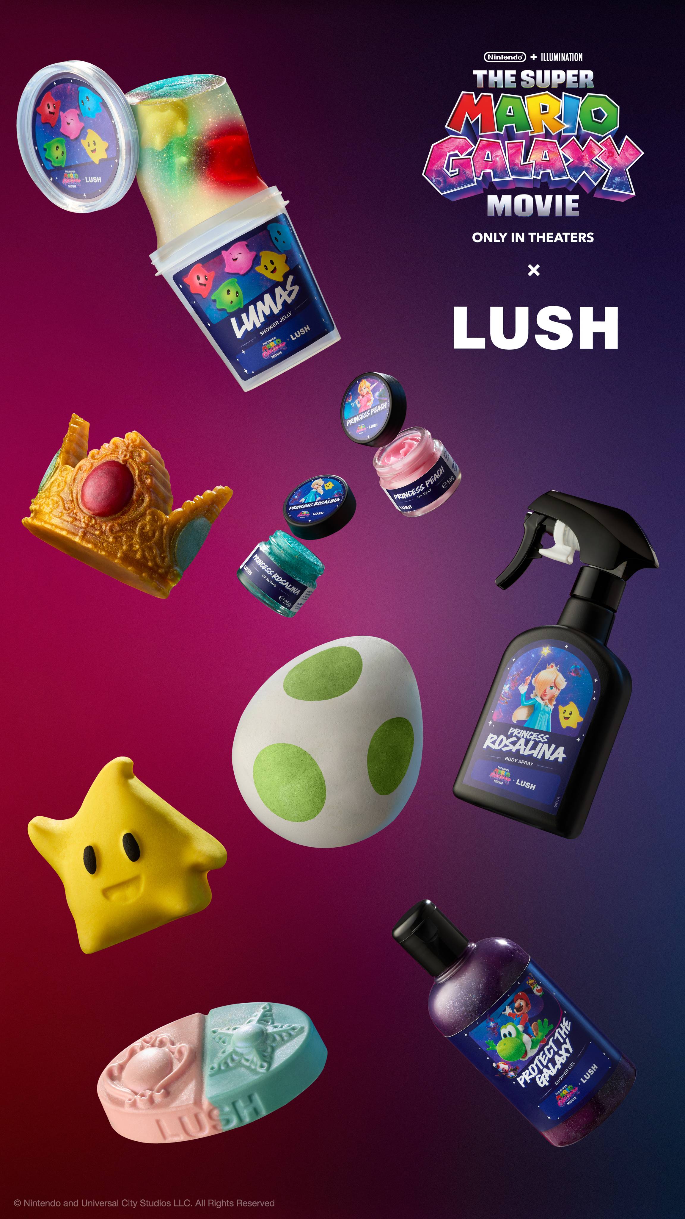 All Mario Galaxy X Lush themed products including a Yoshi egg, Luma shaped bubble bar, Lip scrub, Lip Balm, Body spray, shower jelly, crown shaped soap, massage bar and colorful shower gels floating against a purple gradient.