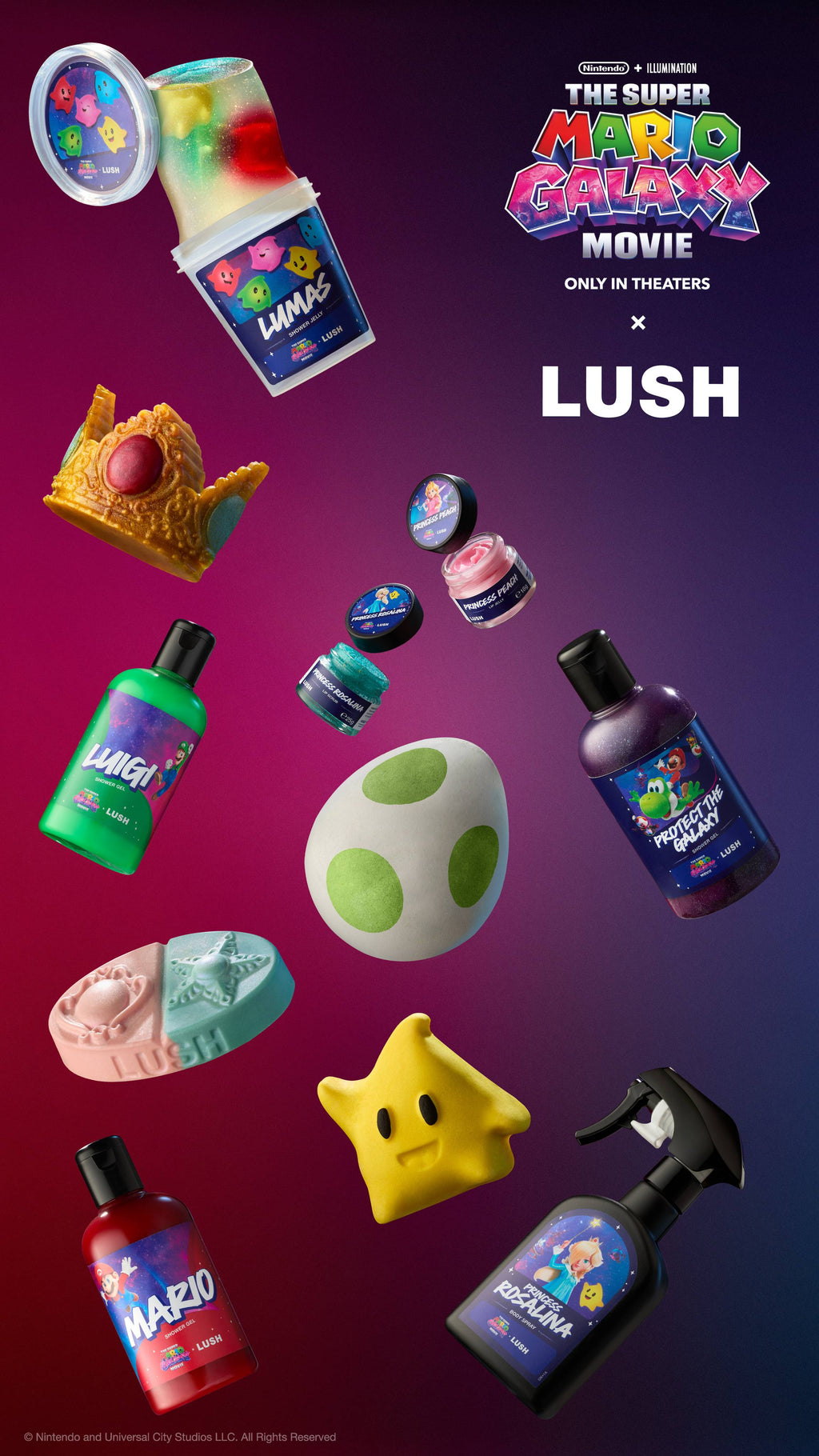 All Mario Galaxy X Lush themed products including a Yoshi egg, Luma shaped bubble bar, Lip scrub, Lip Balm, Body spray, shower jelly, crown shaped soap, massage bar and colorful shower gels floating against a purple gradient.