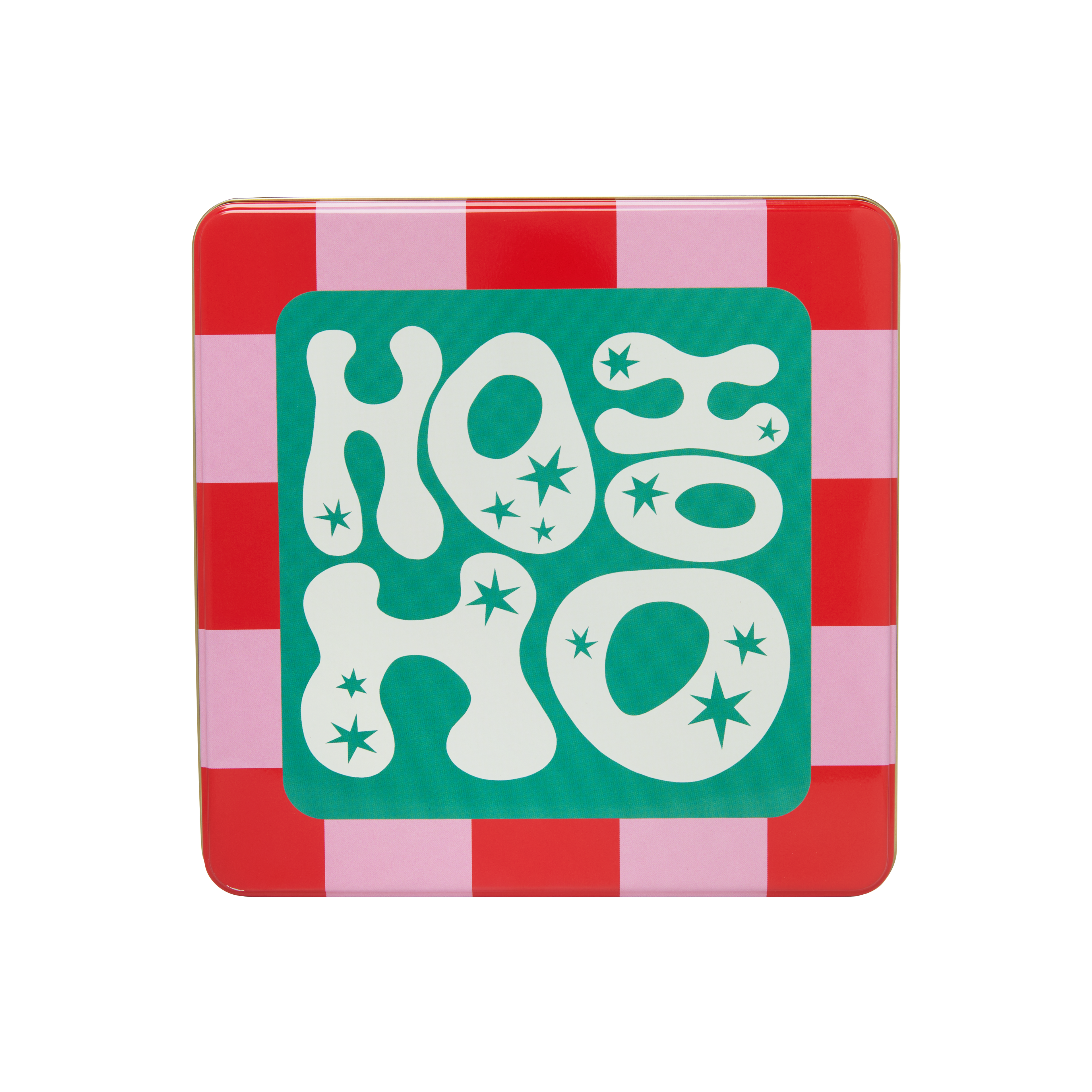 A close-up of a Lush "Ho Ho Ho" tin. The top of the tin is a red and pink checkerboard pattern with a bright teal square in the center that reads "HO HO HO" in white, bubbly letters with small stars.