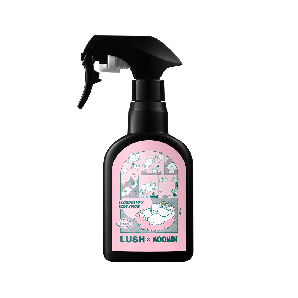 A black plastic trigger spray bottle of Lush "Cloudberry Body Spray". The pink front label features comic strip illustrations of Moomin characters and bold text reading "LUSH x MOOMIN".