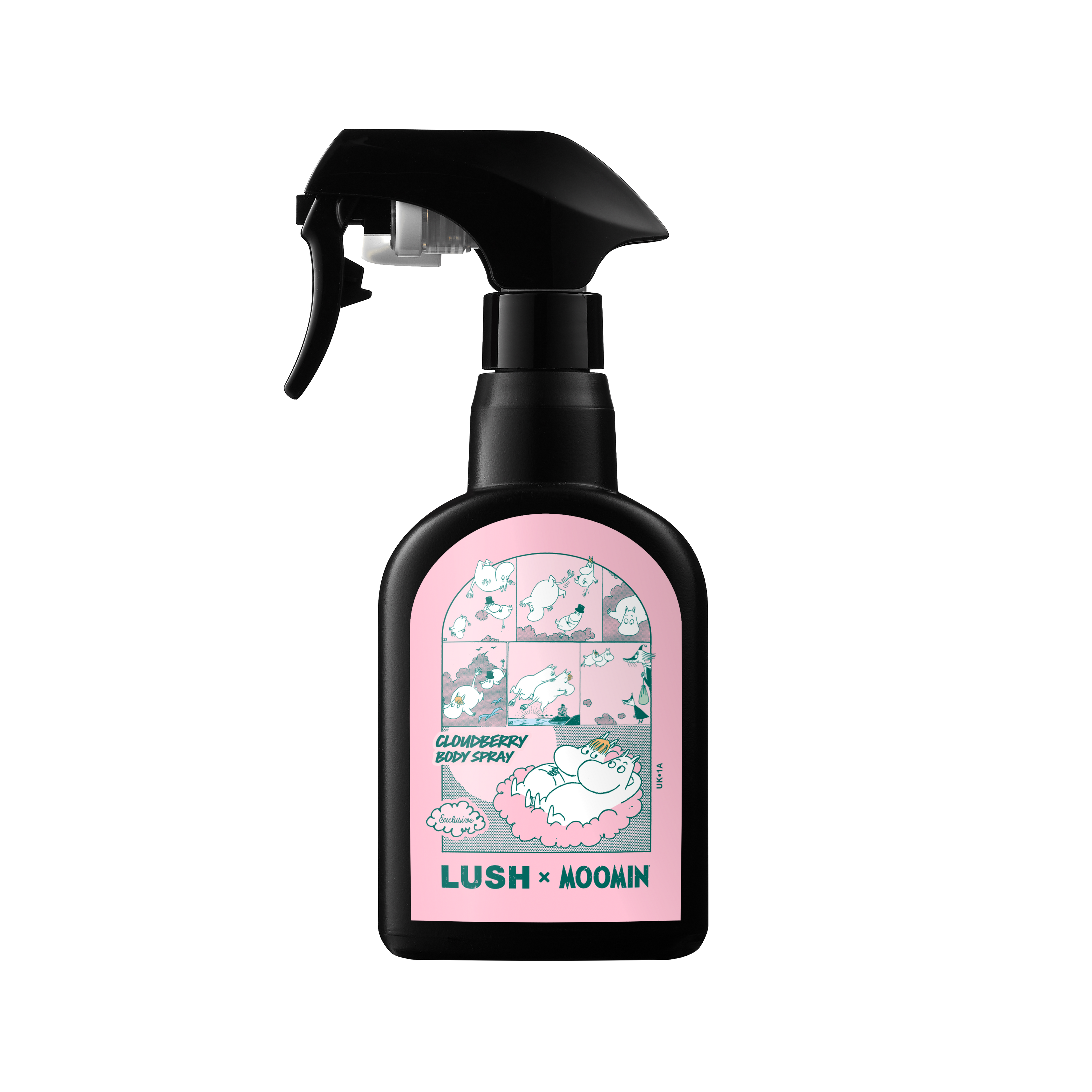A black plastic trigger spray bottle of Lush "Cloudberry Body Spray". The pink front label features comic strip illustrations of Moomin characters and bold text reading "LUSH x MOOMIN".