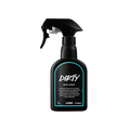 Dirty body spray. A black spray bottle of Lush "Dirty" Body Spray. The product label is black with a neon-blue banded border. White text states the product name and the scent description.