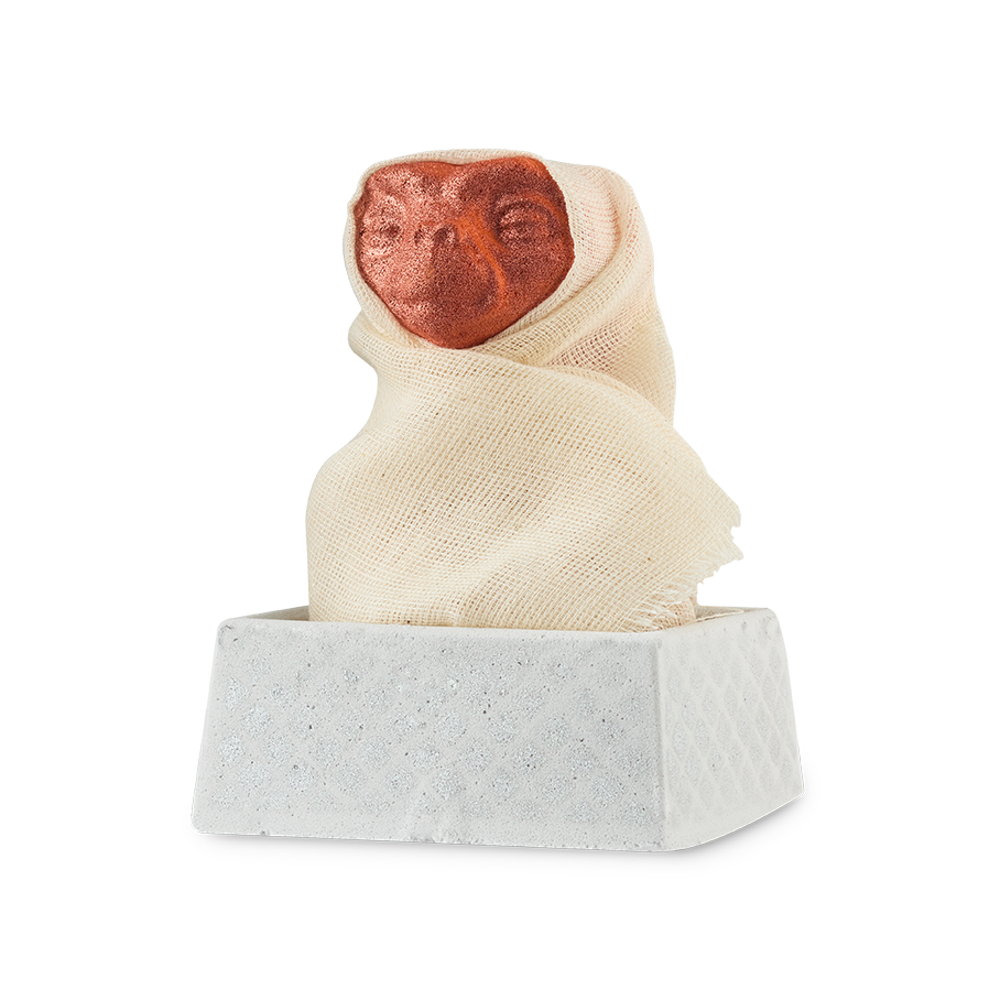 E.T. A fun, two-part bath bomb with a removable head of the classic film, alien character E.T. The product is wrapped in a muslin cloth and sits in a square, silver basket base.