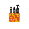 Sticky Dates. A square gift box wrapped in orange and yellow zigzag patterned paper. Three LUSH products are sitting on top of the box including Sticky Dates body lotion, shower gel and body spray.
