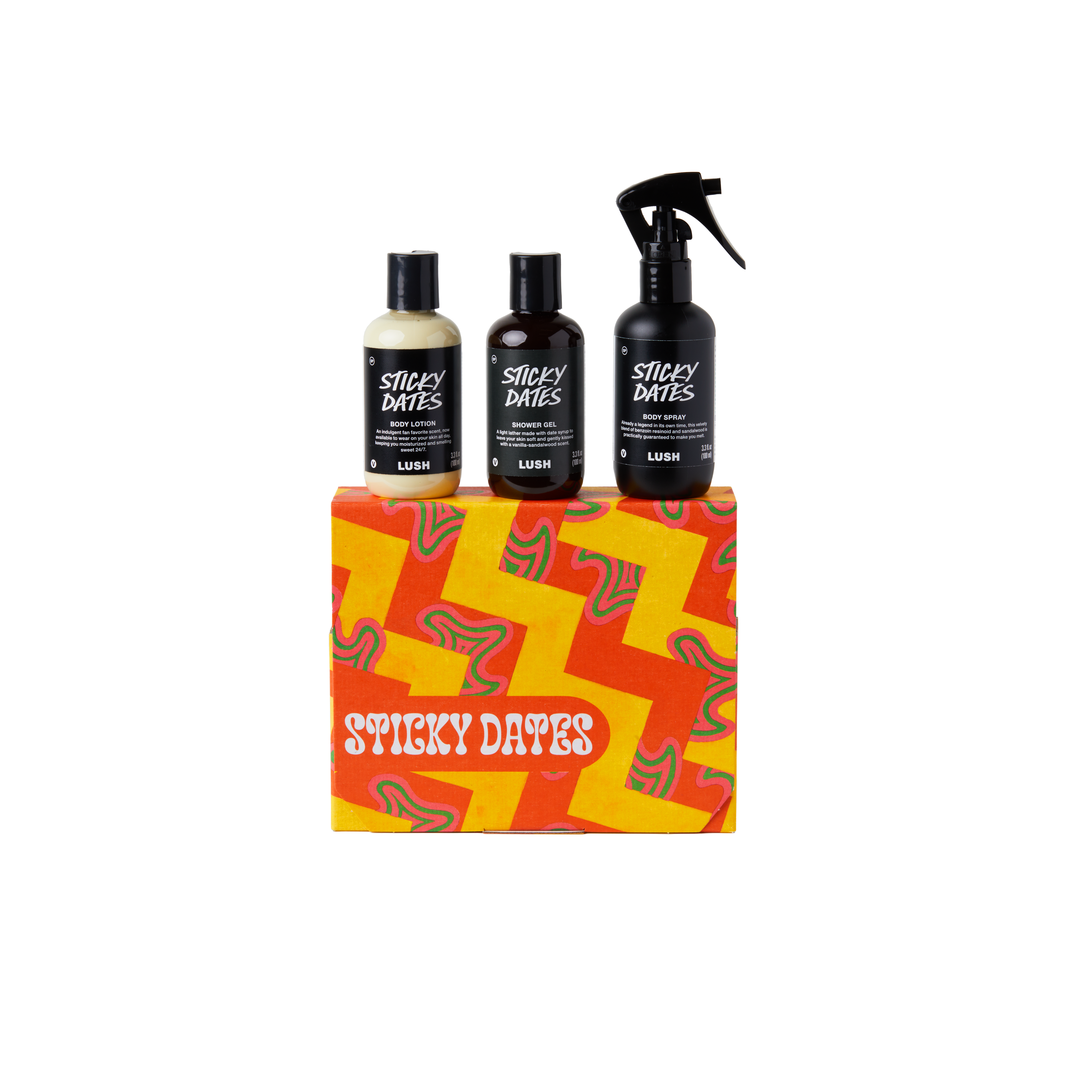 Sticky Dates. A square gift box wrapped in orange and yellow zigzag patterned paper. Three LUSH products are sitting on top of the box including Sticky Dates body lotion, shower gel and body spray.