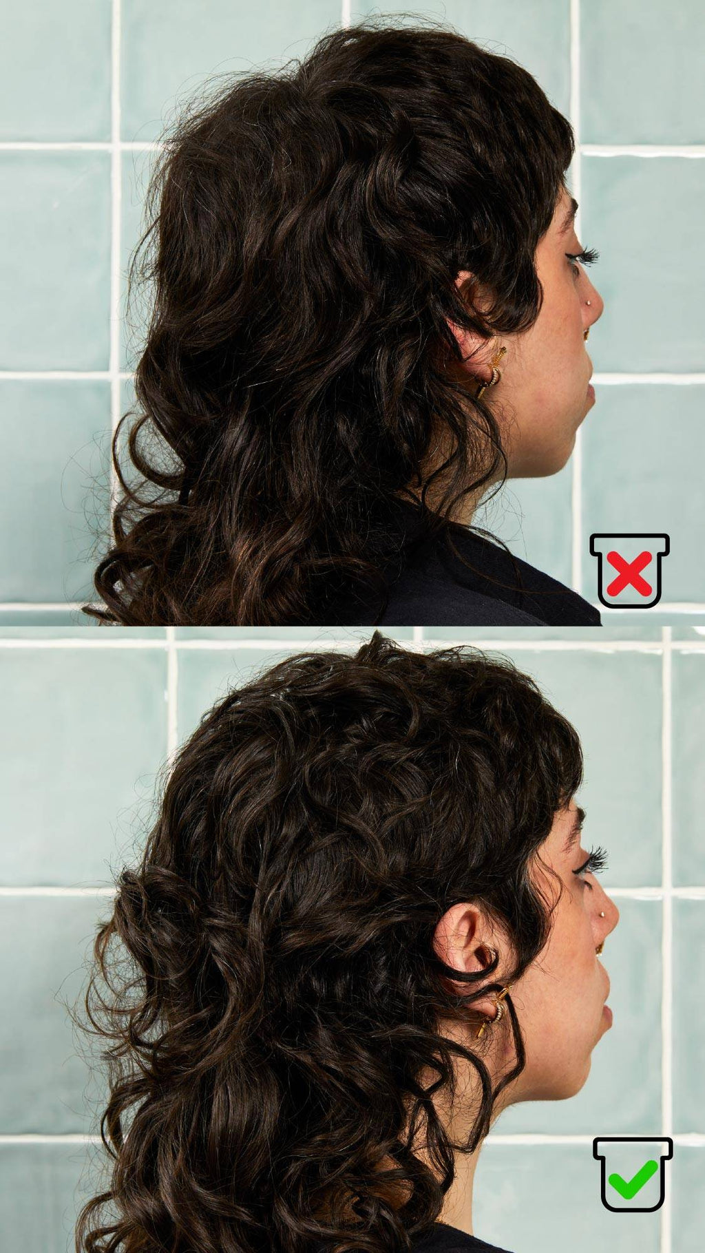 Before-and-after side profile of curly dark hair against blue-green tiles. The top panel has a red cross icon showing frizzier hair; the bottom panel has a green tick icon showing more defined, hydrated curls after hair treatment.