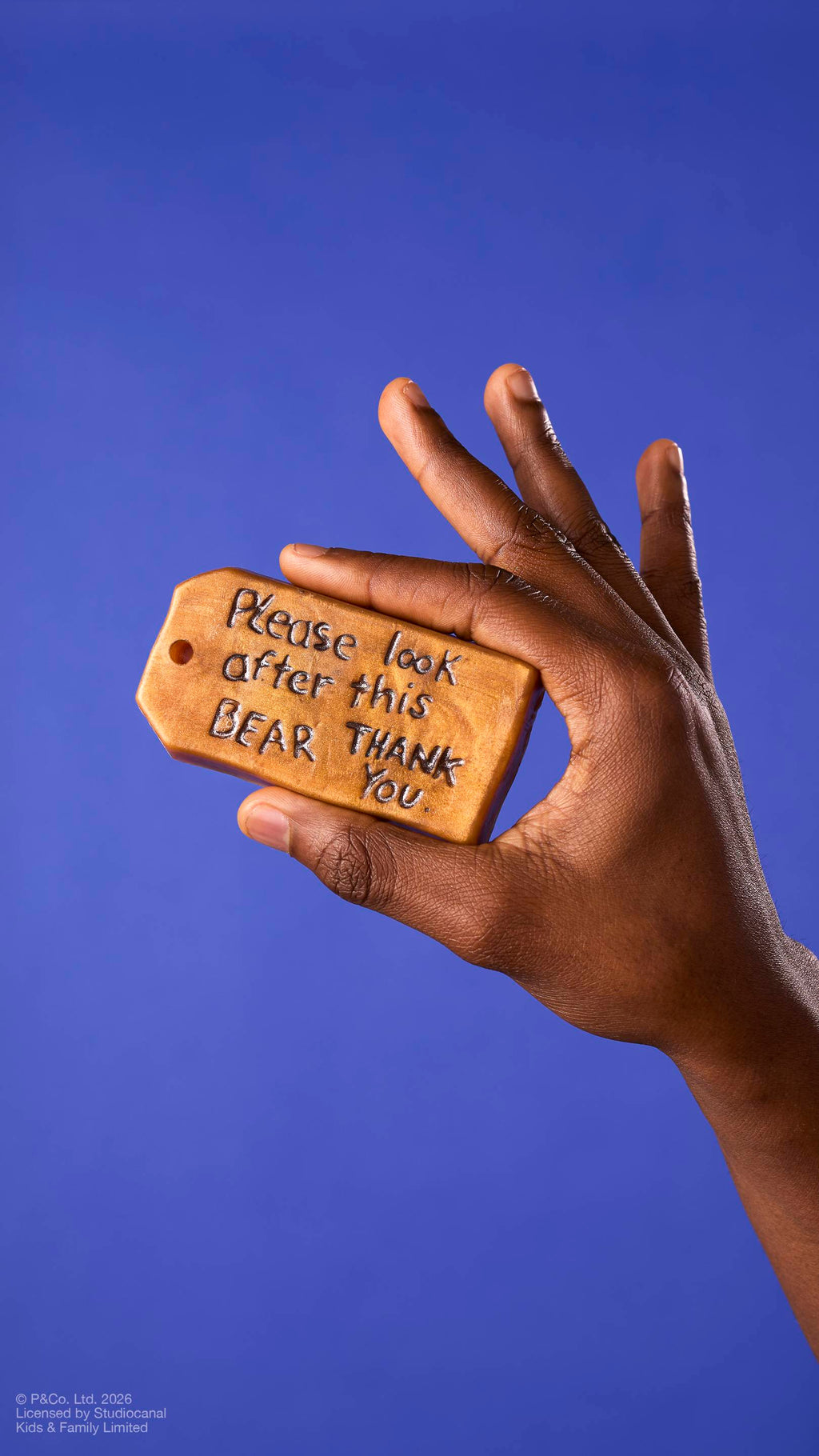 A model's hand holds a golden-brown, luggage-tag-shaped bar of "Please Look After This Bear" soap against a solid blue background. The soap features the embossed, handwritten-style message 'Please look after this bear, thank you'.