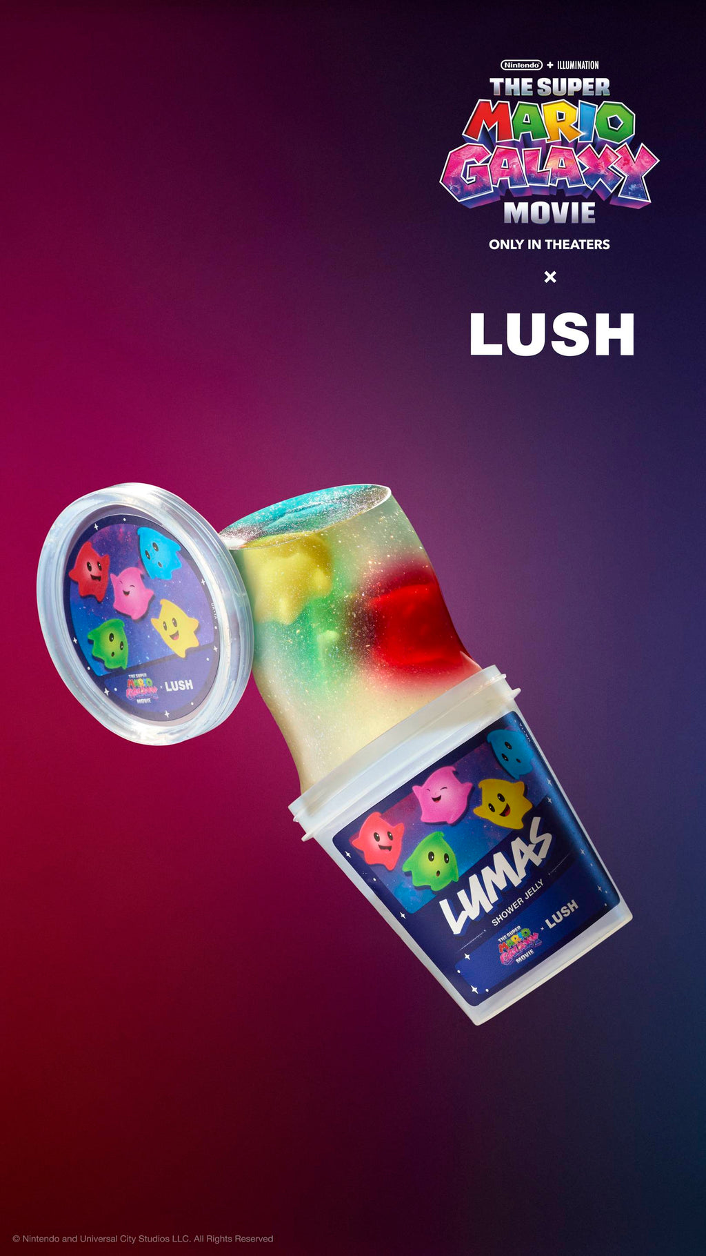 Lumas shower jelly tipped from a pot against a purple-red gradient. Pot label features star characters and movie logos. Includes plastic-free glitter.