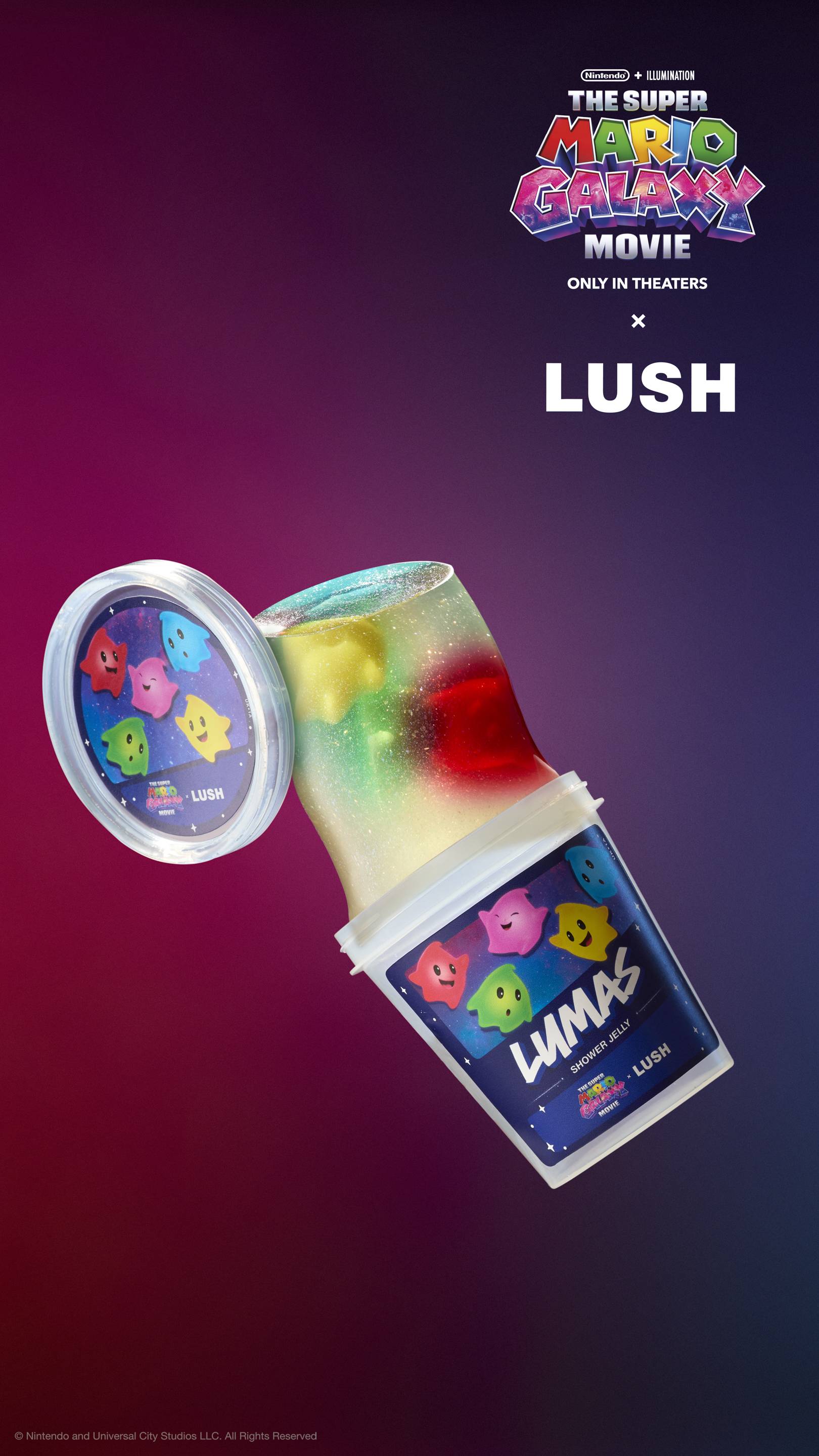 Lumas shower jelly tipped from a pot against a purple-red gradient. Pot label features star characters and movie logos. Includes plastic-free glitter.