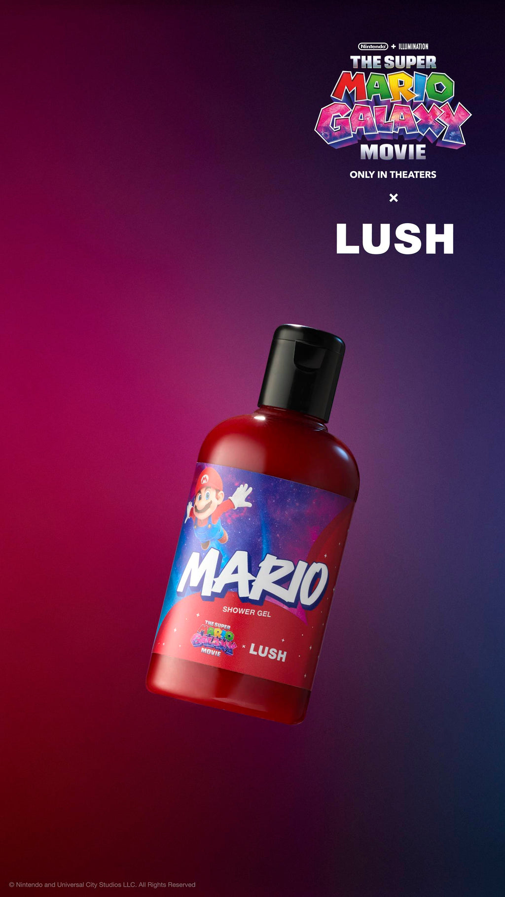 Red Mario shower gel bottle with a black cap tilted against a purple-magenta gradient. Label displays Mario jumping against a starry galaxy background. Includes "The Super Mario Galaxy Movie x LUSH" logos at the top.