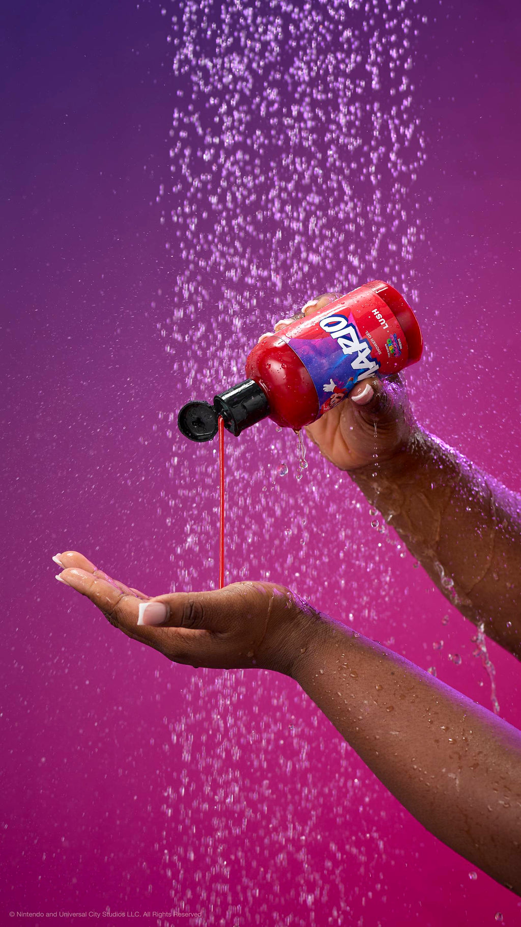 A hand pours vibrant red Mario shower gel into an open palm under a shower spray against a purple-magenta gradient. The bottle label features Mario jumping in space with "MARIO SHOWER GEL" in bold text.