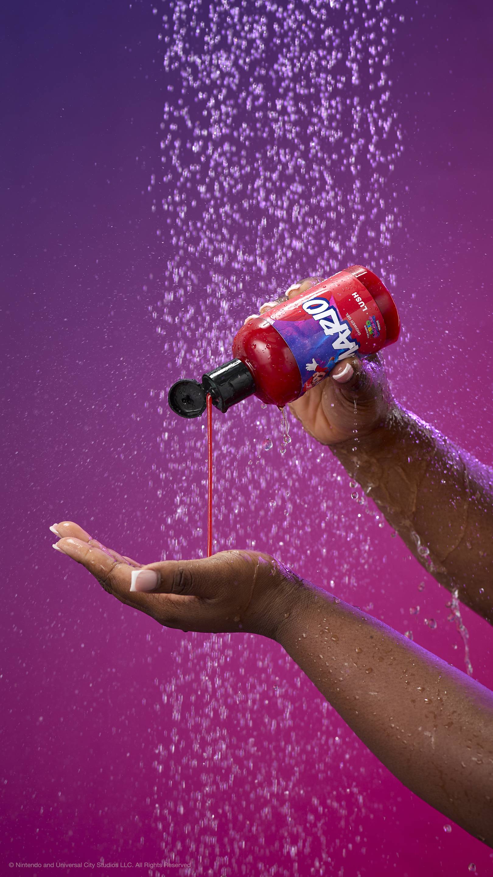 A hand pours vibrant red Mario shower gel into an open palm under a shower spray against a purple-magenta gradient. The bottle label features Mario jumping in space with "MARIO SHOWER GEL" in bold text.