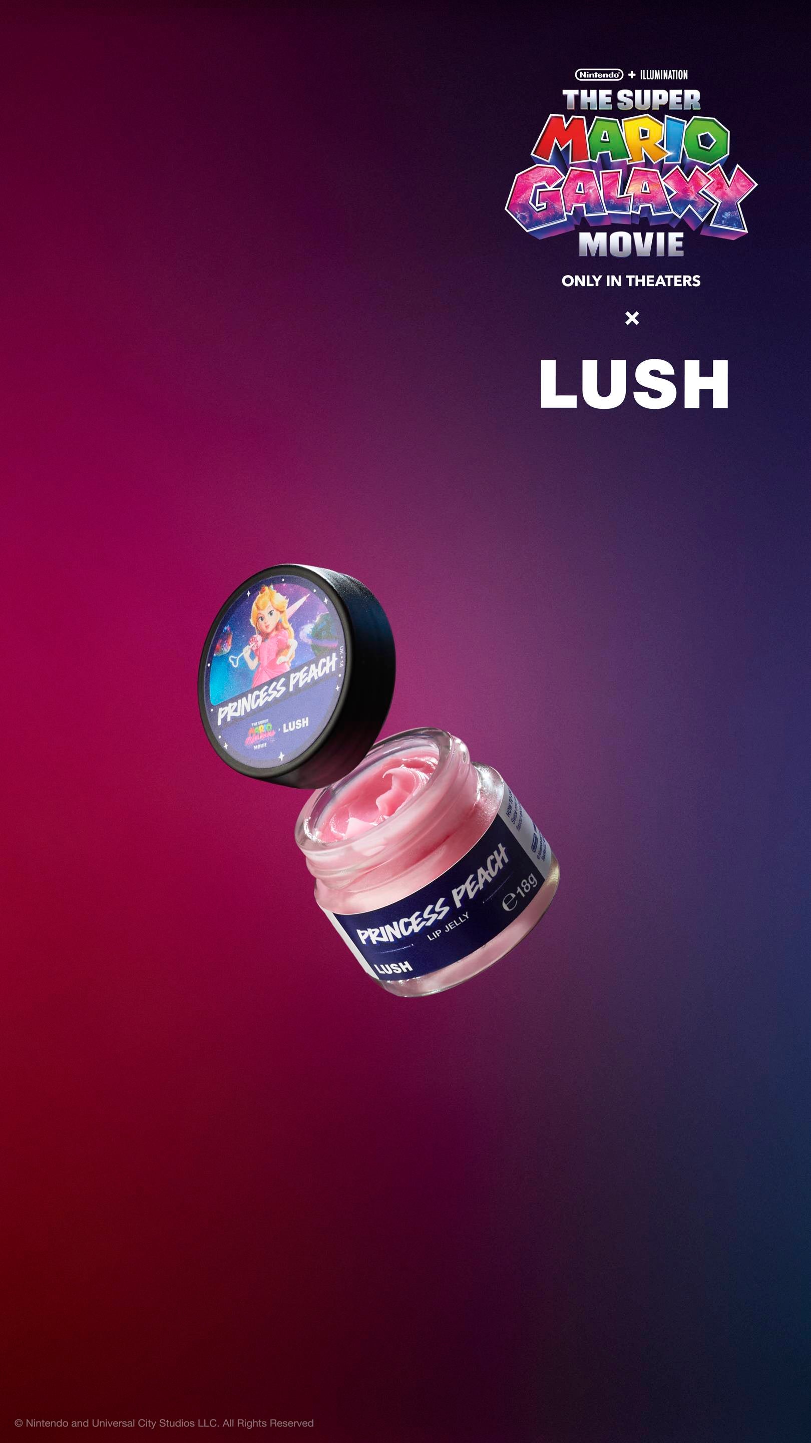 Open pot of pink Princess Peach lip jelly with floating black lid. Lid features Princess Peach with a heart wand. Set against a purple-magenta gradient with movie and LUSH logos.