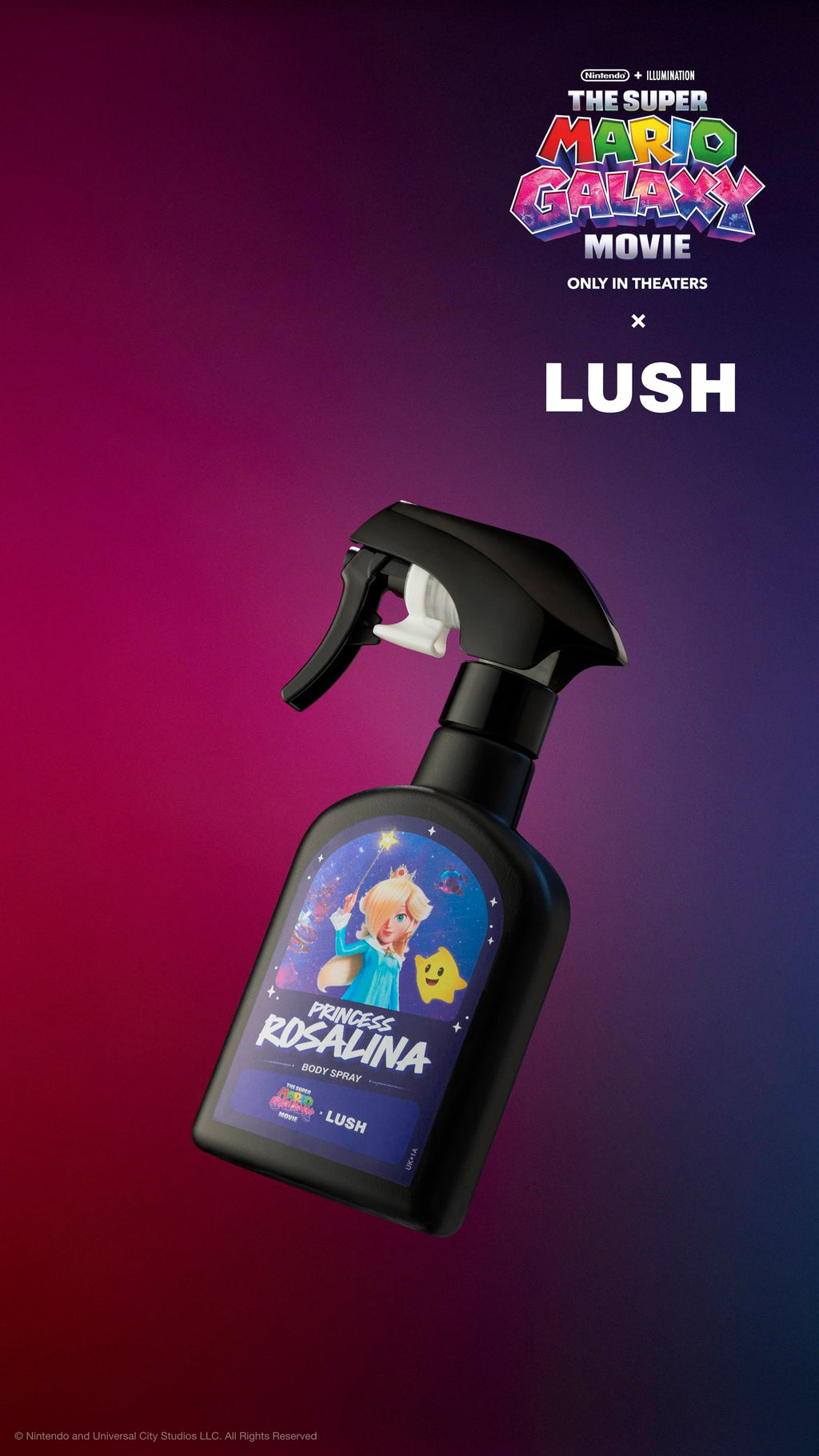 Black Princess Rosalina body spray bottle tilted against a purple-magenta gradient. Label features Rosalina and a Luma. Top displays movie and LUSH partnership logos.