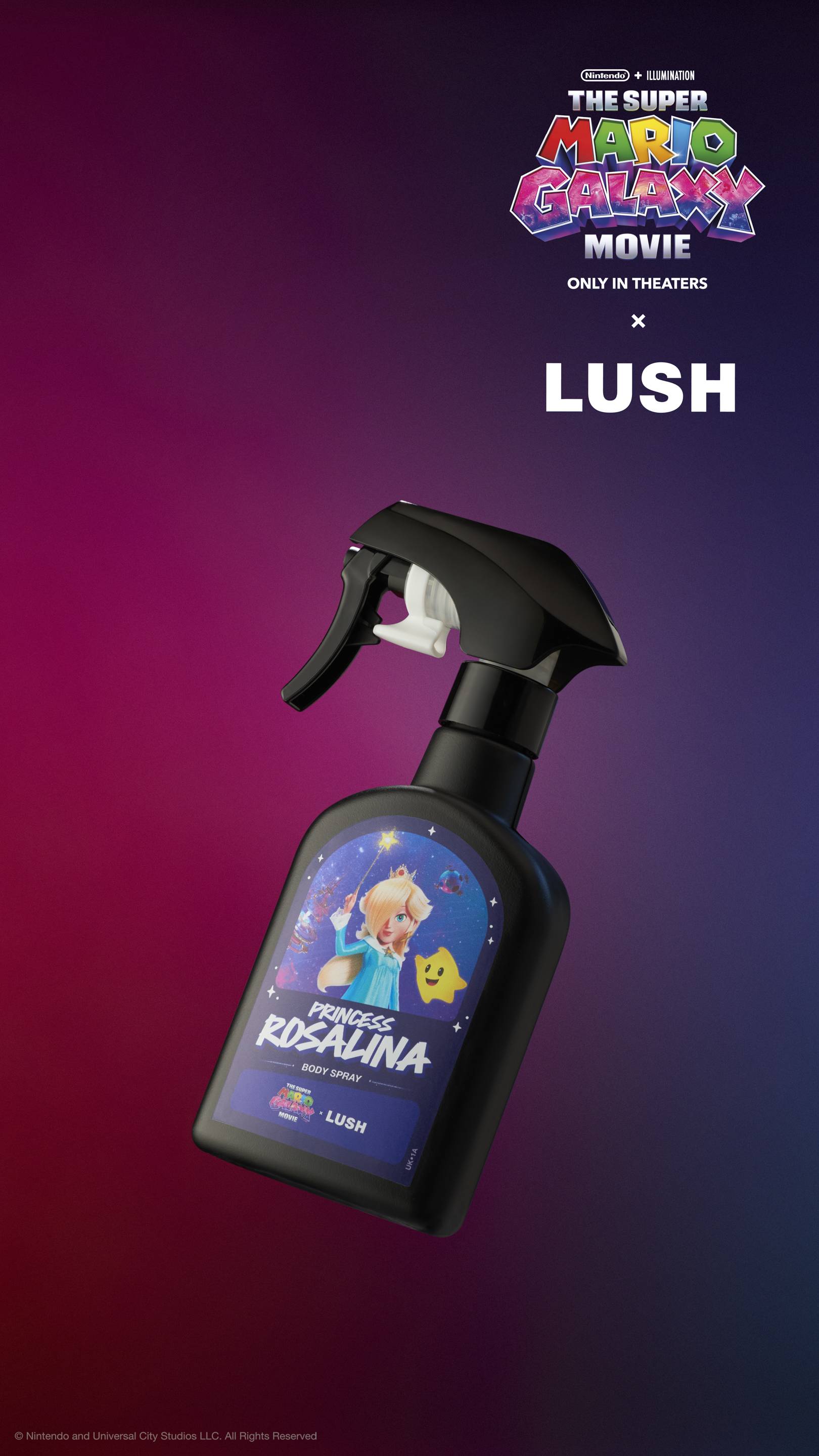 Black Princess Rosalina body spray bottle tilted against a purple-magenta gradient. Label features Rosalina and a Luma. Top displays movie and LUSH partnership logos.