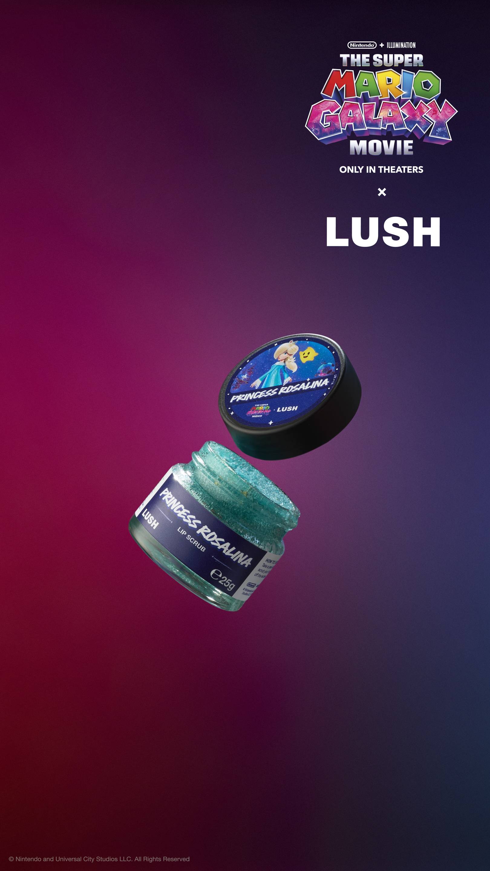 Open pot of turquoise Princess Rosalina lip scrub with a black lid floating above. Lid features Rosalina and a Luma. Against a purple-magenta gradient with movie and LUSH logos.