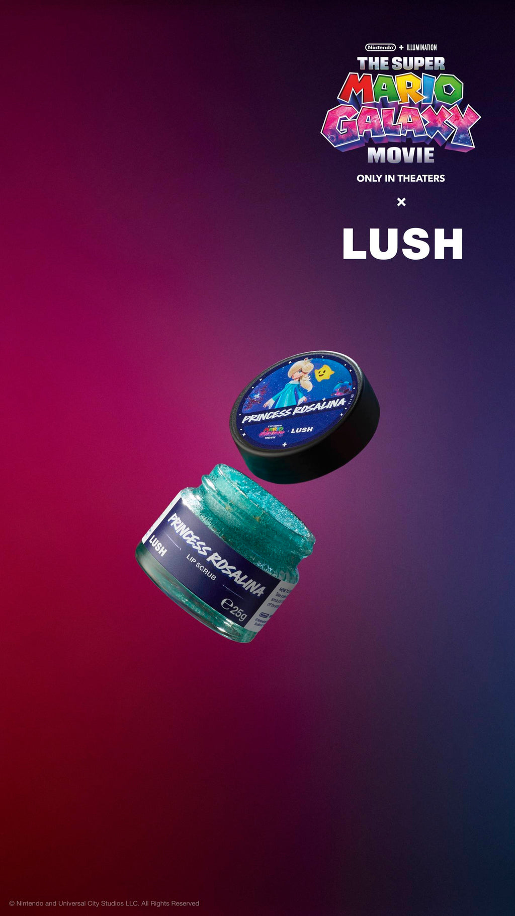 Open pot of turquoise Princess Rosalina lip scrub with a black lid floating above. Lid features Rosalina and a Luma. Against a purple-magenta gradient with movie and LUSH logos.