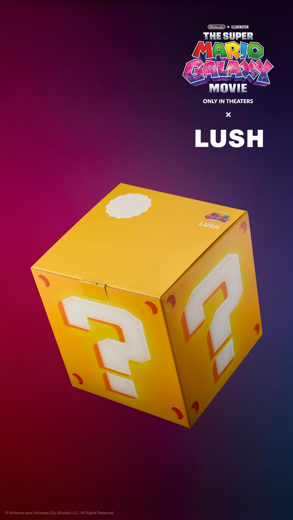 Bright yellow Question Block Gift Box cube angled against a purple-red gradient background. Features large white question marks and circular corner rivets on each side. Includes "The Super Mario Galaxy Movie x LUSH" logos at the top.