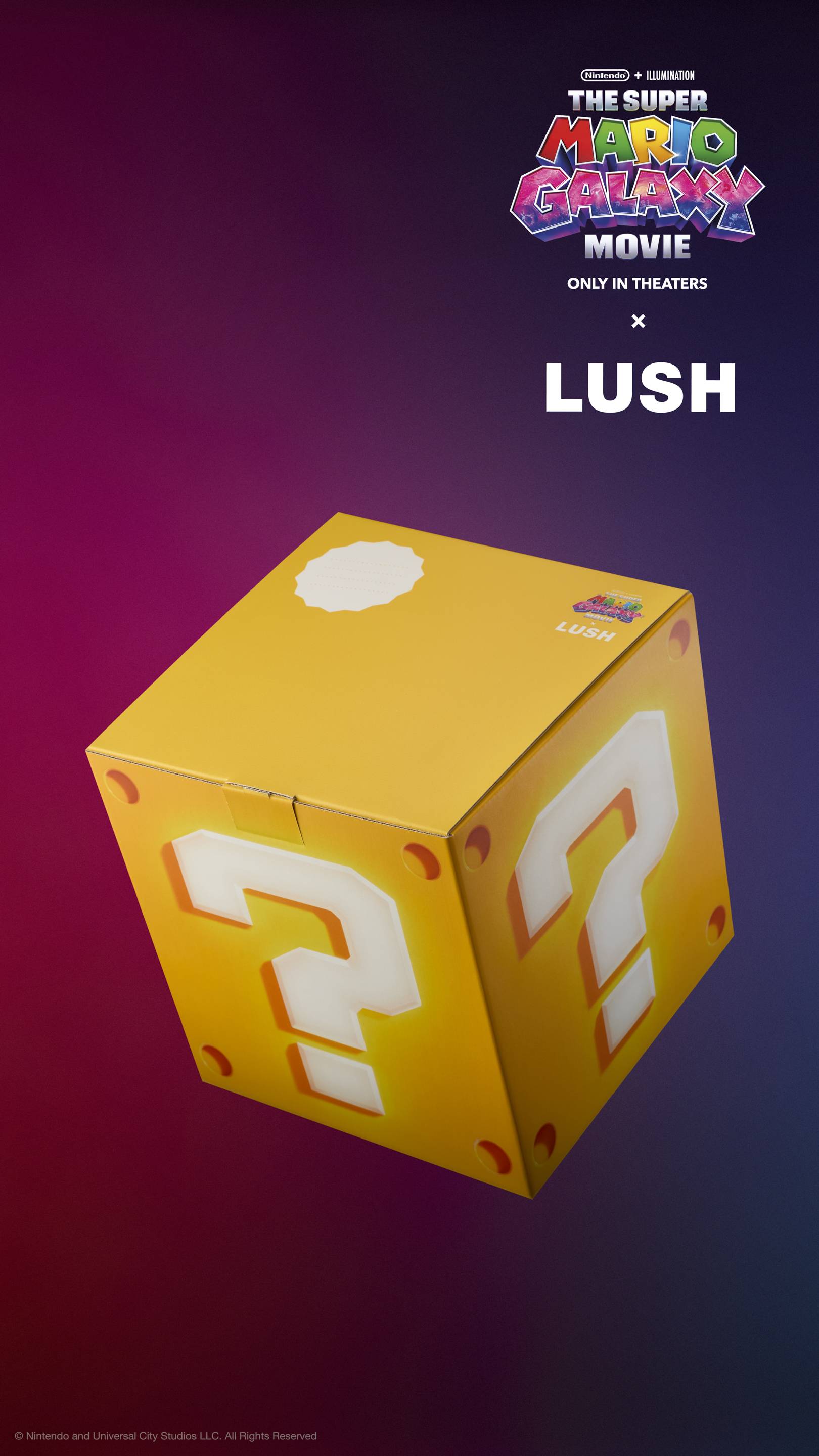 Bright yellow Question Block Gift Box cube angled against a purple-red gradient background. Features large white question marks and circular corner rivets on each side. Includes "The Super Mario Galaxy Movie x LUSH" logos at the top.