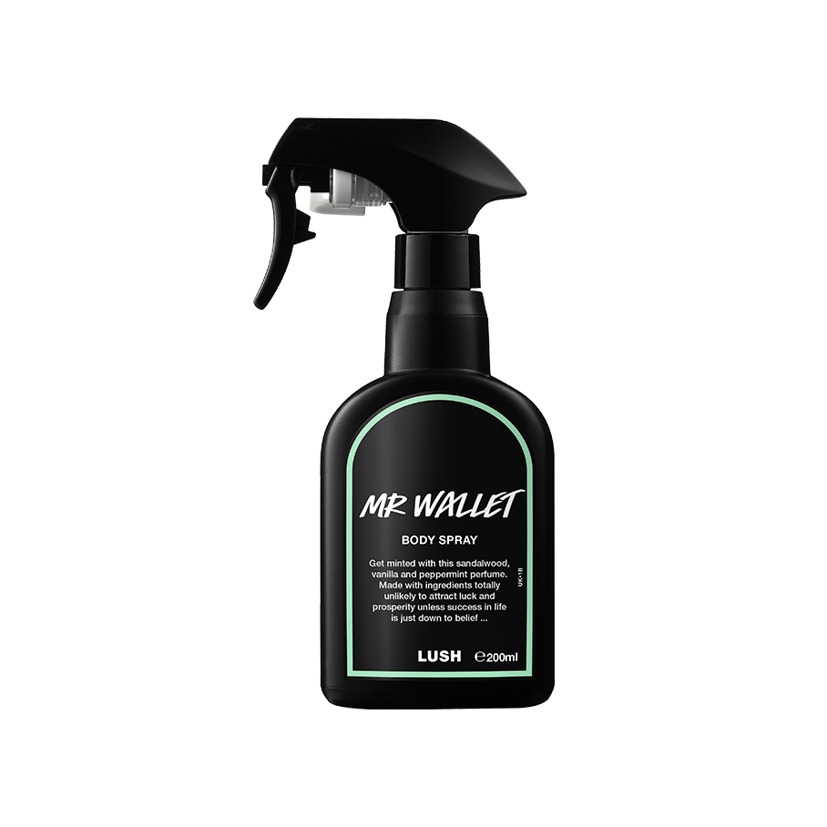 Mr Wallet body spray. A black spray bottle of Lush "Mr Wallet" Body Spray. The product label is black with a mint-green banded border. White text states the product name and the scent description.