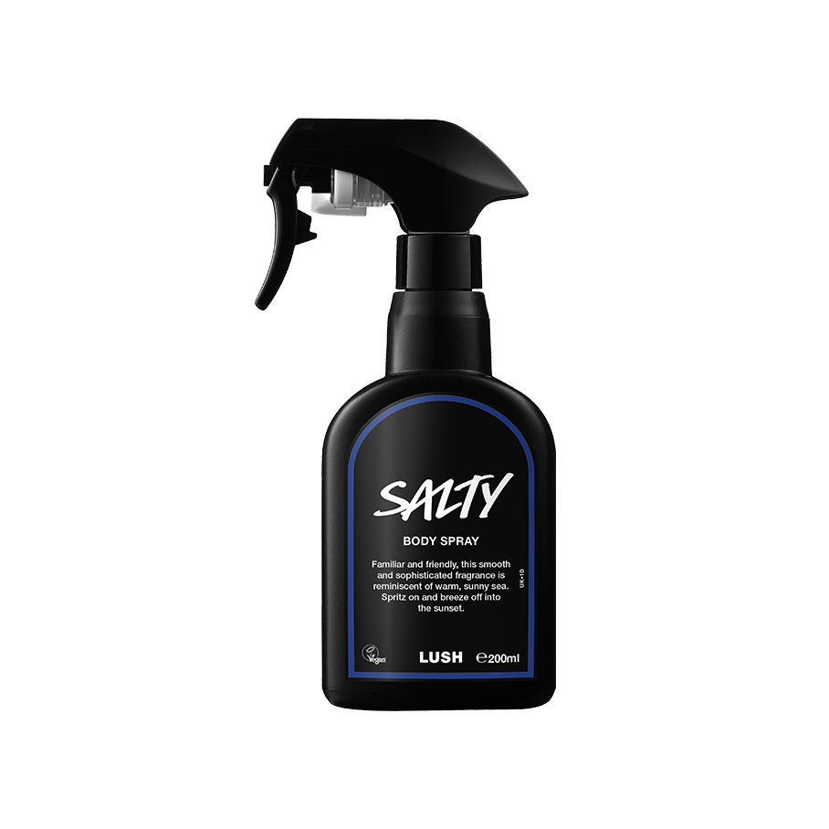 Salty body spray. A black spray bottle of Lush "Salty" Body Spray. The product label is black with a navy blue banded border. White text states the product name and the scent description.
