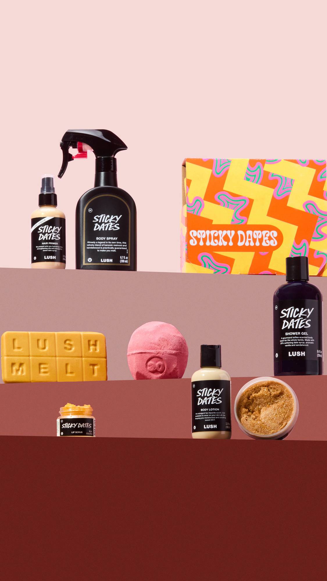 The Sticky Dates range is displayed on three coloured shelves. Products include hair primer, body spray, gift box, Lush Melt, bath bomb, shower gel, lip scrub, body lotion, and an open pot of body scrub.