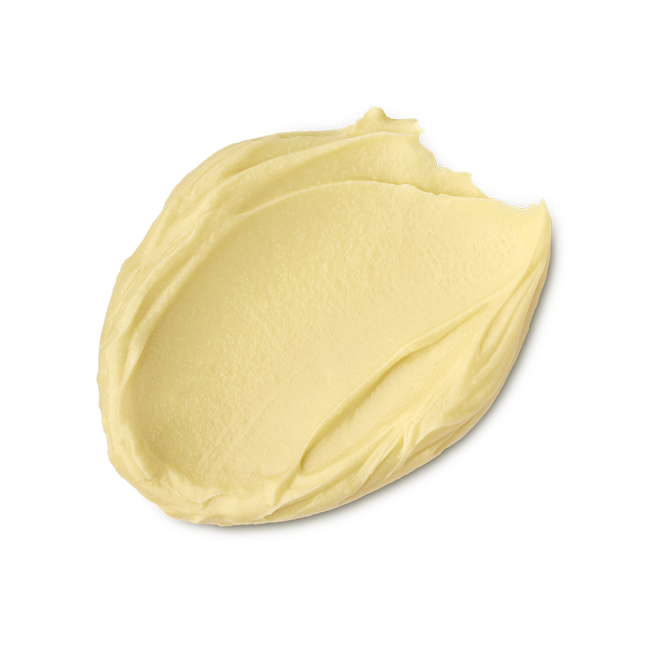 Acai And Sacha Inchi. A neatly smudged swatch of creamy, soft, buttery-yellow facial cleanser.