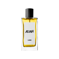 Alina. A tall, rectangle, glass bottle with a black cap top and a Lush sticker saying "Alina" on the front.