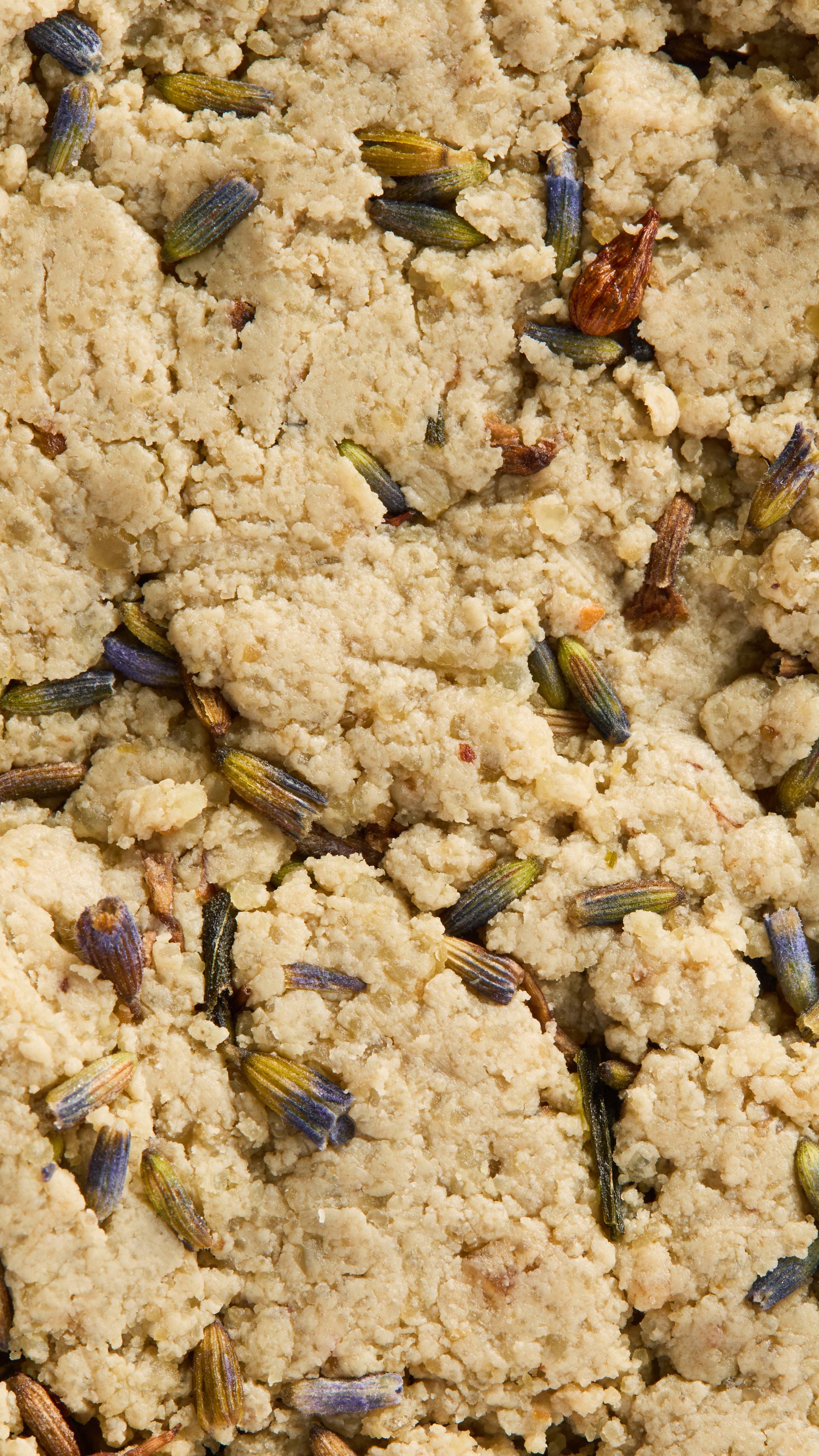 An extreme macro shot showing the rich texture of a thick, pale "Angels On Bare Skin" Lush face mask or cleanser, densely packed with dried whole lavender buds scattered throughout the grainy mixture.