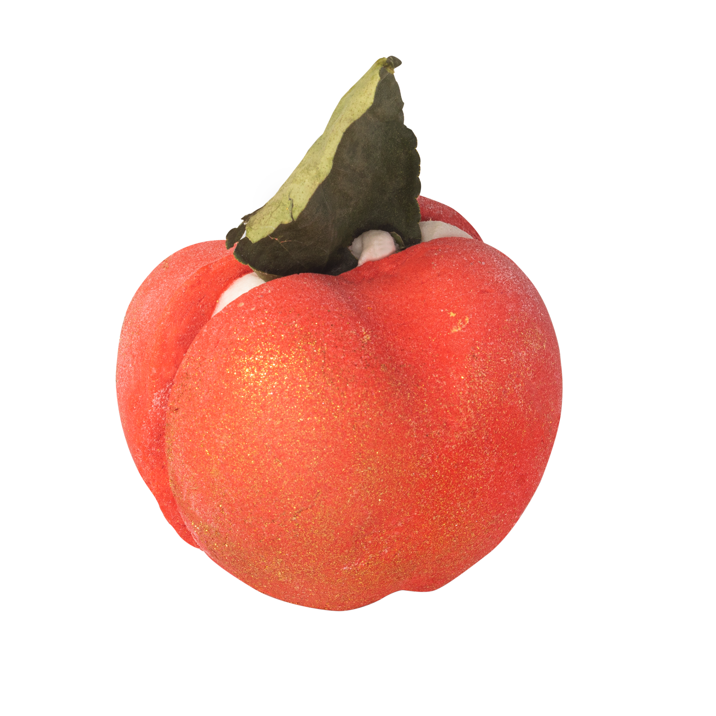 Apple Crumble. A red and shimmery gold, apple shaped, bubble bar. Split in two with a creamy filling and topped with a leaf.