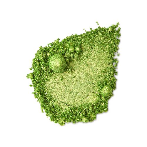 Aurora Glitter Crumble. A neatly smudged swatch of crumbly, shimmering, jade-green metallic eyeshadow.