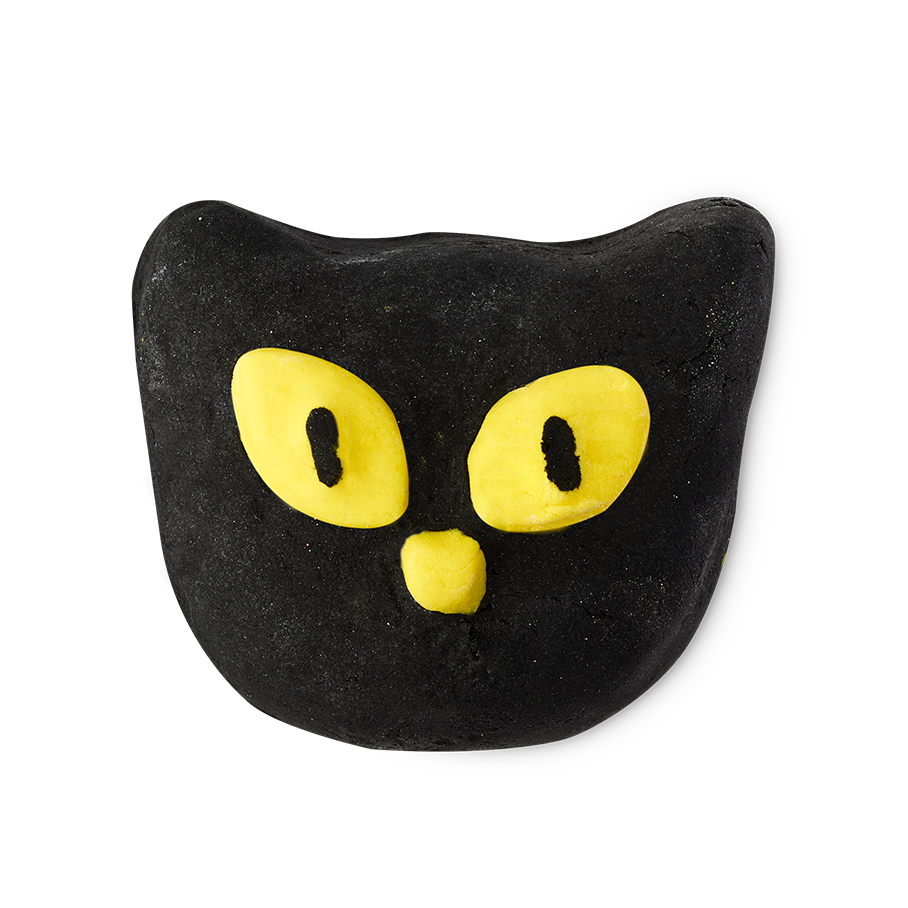 Bewitched. A black bubble bar shaped like a cat's head with prominent ears. It features large, oval yellow eyes with black pupils, and a small yellow nose.