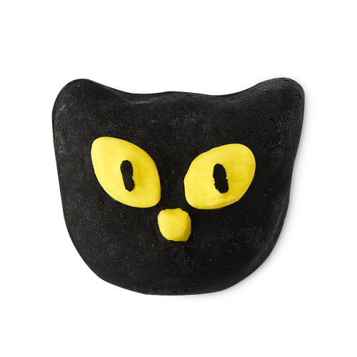Bewitched. A black bubble bar shaped like a cat's head with prominent ears. It features large, oval yellow eyes with black pupils, and a small yellow nose.