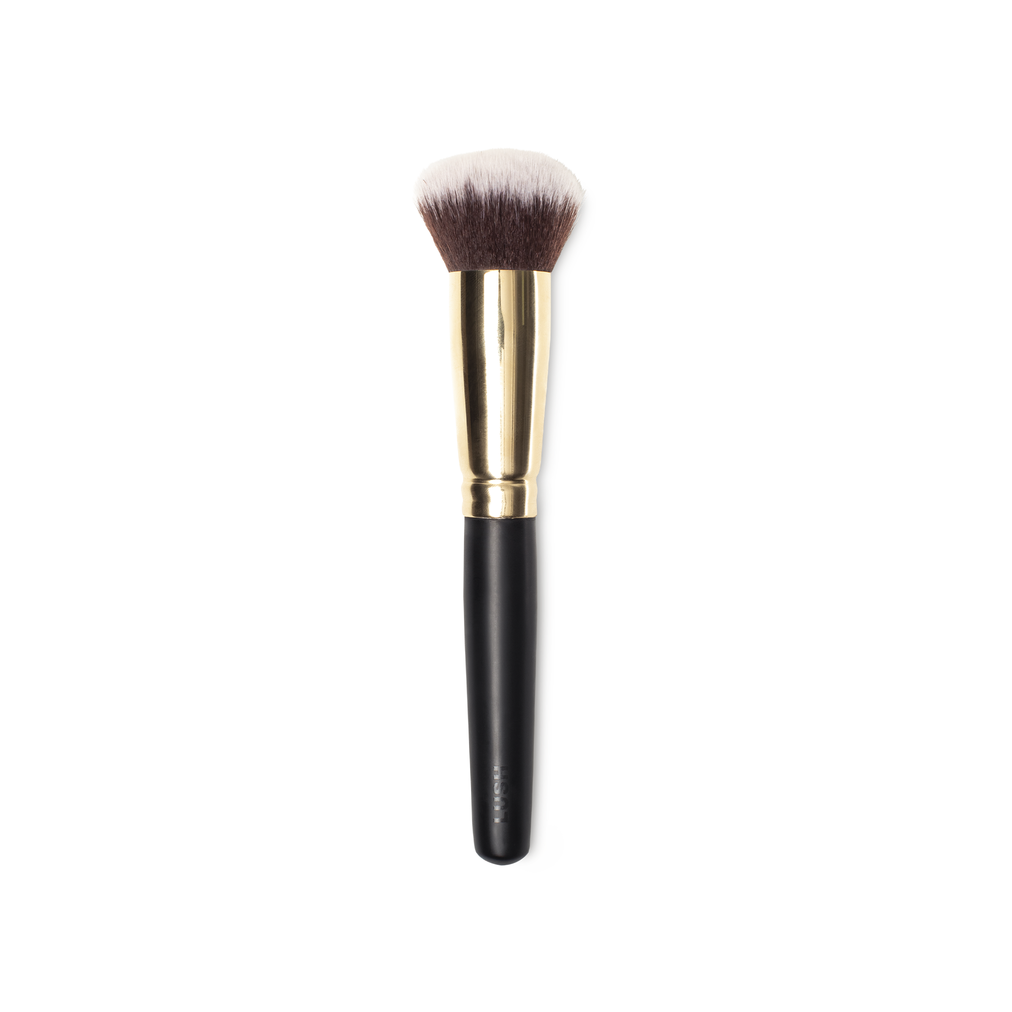 BFF Brush. A domed, foundation buffing brush, with white and brown bristles and a gold and dark wooden handle.