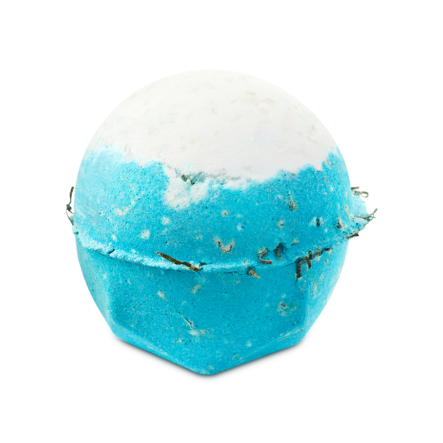 A spherical Big Blue bath bomb with a crisp white top and a vibrant light blue body. The textured surface is flecked with small bits of seaweed.