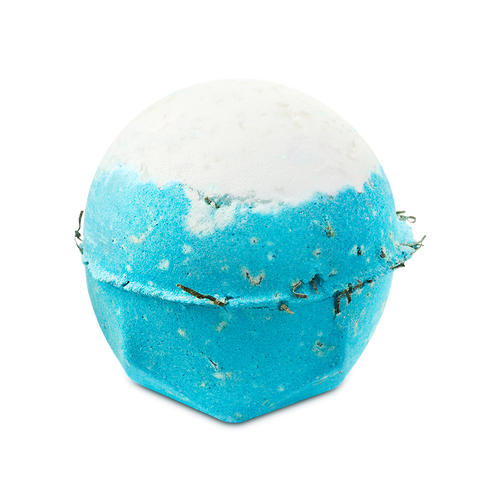 A spherical Big Blue bath bomb with a crisp white top and a vibrant light blue body. The textured surface is flecked with small bits of seaweed.