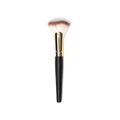 Biggest Fan Brush. A large fan brush for blending & powdering, with brown and white bristles and a gold and dark wooden handle.