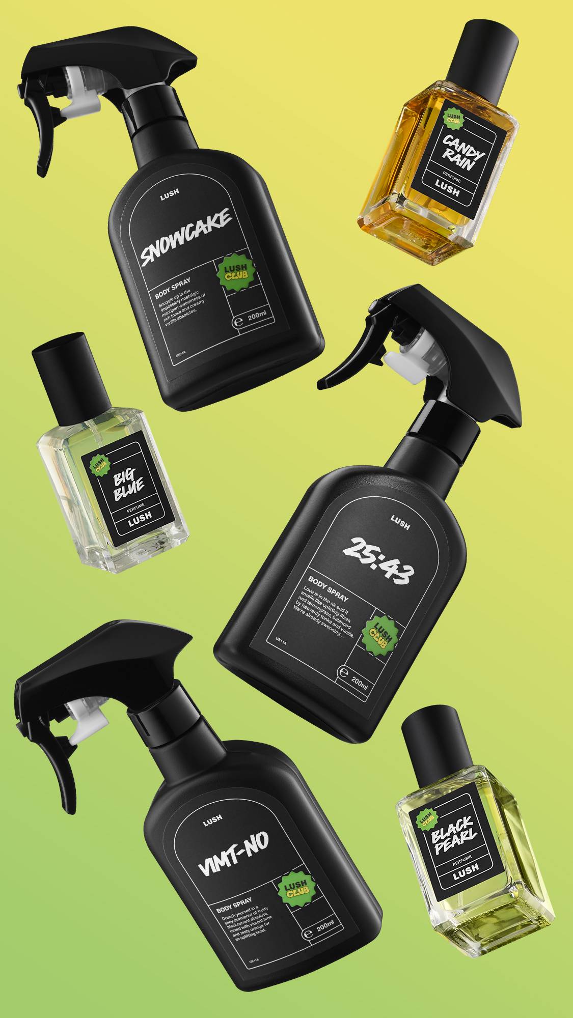 Six Lush Club fragrances (Body Spray in Snowcake, VIMT-NO, 25:43; Perfume in Big Blue, Candy Rain, Black Pearl) are shown floating diagonally against a vibrant green and yellow background.