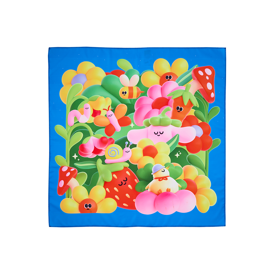 Blooming Lovely. A square fabric Knot Wrap featuring 3D-style cartoon illustrations. It shows a cheerful garden scene with flowers, a strawberry, a bee, a snail, and a chick, all rendered in bright, saturated colours on a bold blue background.