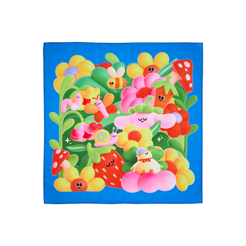 Blooming Lovely. A square fabric Knot Wrap featuring 3D-style cartoon illustrations. It shows a cheerful garden scene with flowers, a strawberry, a bee, a snail, and a chick, all rendered in bright, saturated colours on a bold blue background.