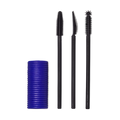 A Solid cylindrical block of blue mascara next to three different style mascara spoolie brushes.