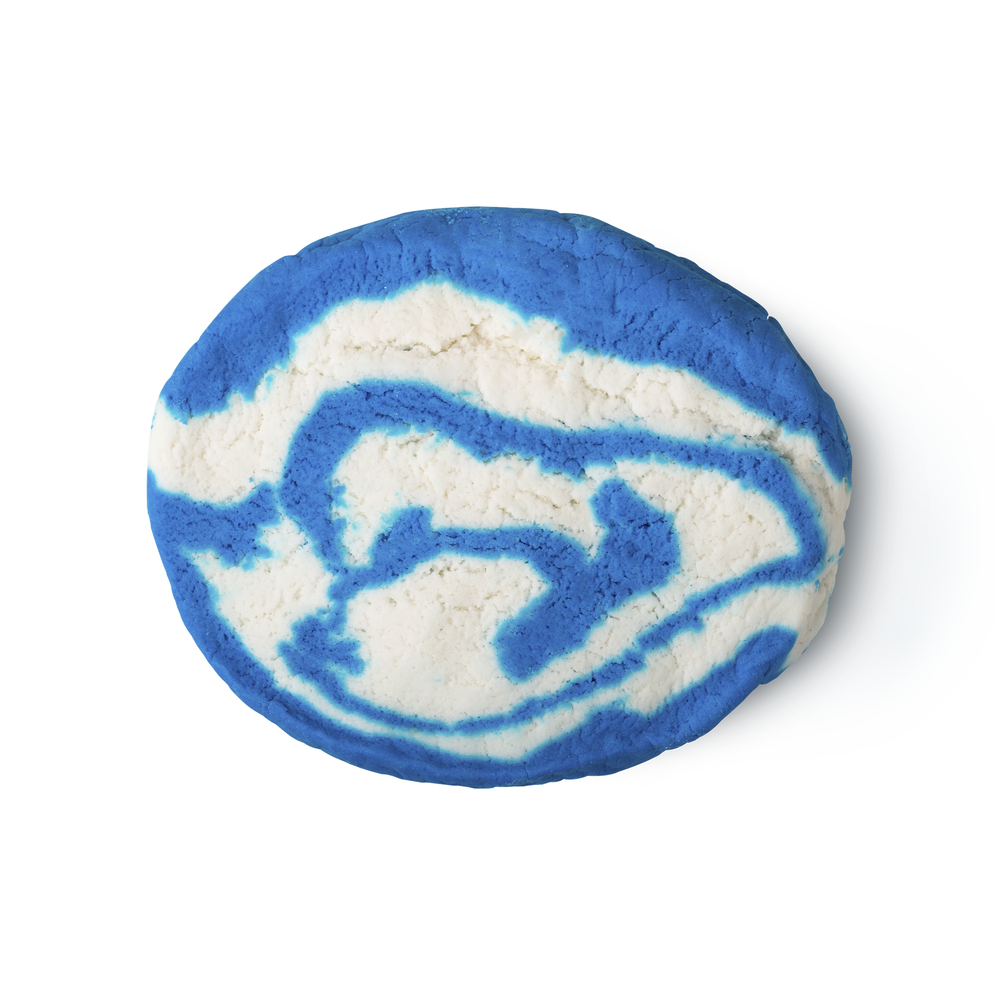 Blue Skies and Fluffy White Clouds. A sky blue and white swirled, oval shaped, bubble bar.