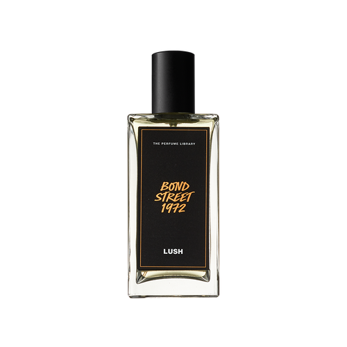 Bond Street 1972. A rectangular, glass perfume bottle with a black cap is filled with translucent, off-clear liquid. A black label reads 'Bond Street 1972'.